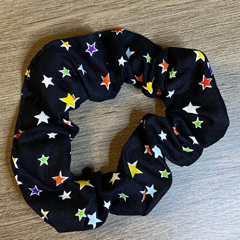 Stars Glow-in-the-Dark Hair Scrunchie, Handmade, Black/Multicolour.